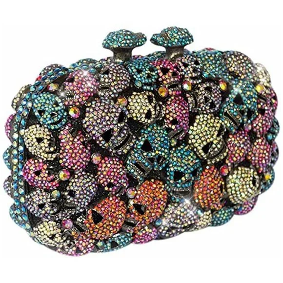 NWT Sparkling Bling Crystal Rhinestone Skull Clutch Purse Silver Gold +F… - Picture 7 of 11